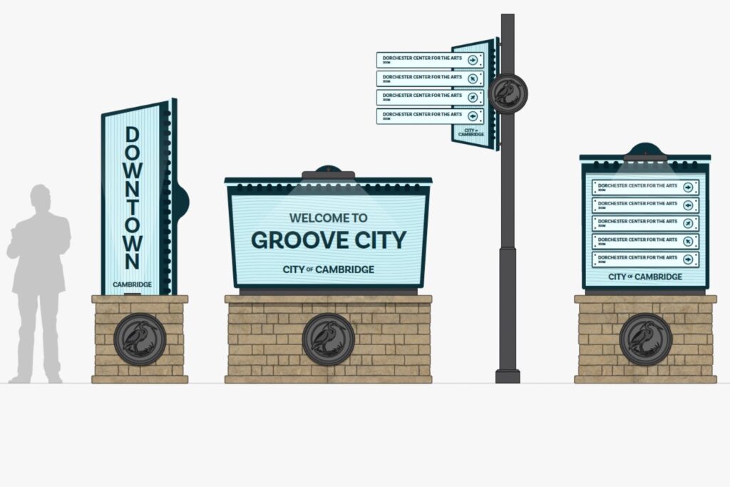Municipal signage concept with human silhouette for scale.