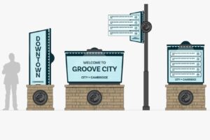 Municipal signage concept with human silhouette for scale. 