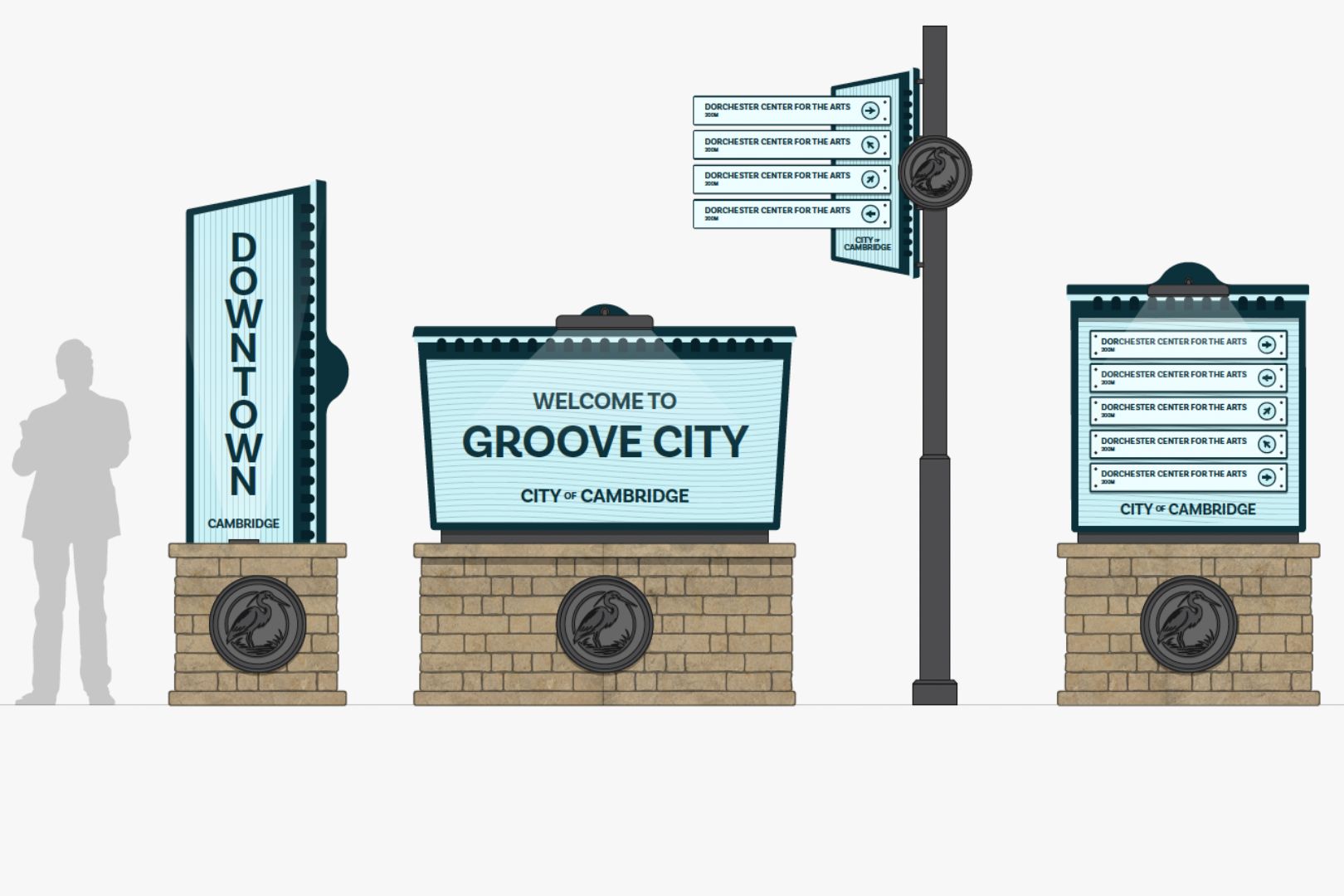 Municipal signage concept with human silhouette for scale.