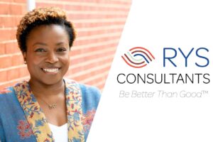 Headshot of woman and logo