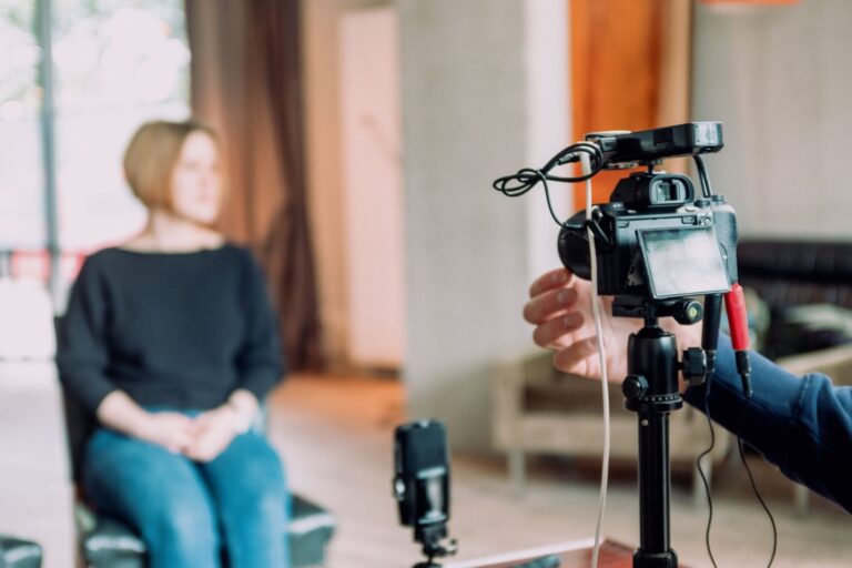 Person being interviewed on camera